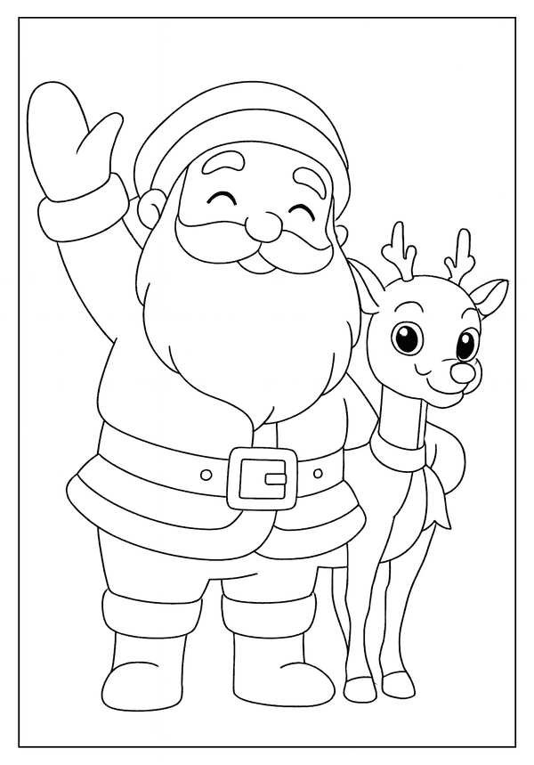 Happy Santa waving and standing next to his jolly reindeer with antlers and a scarf.