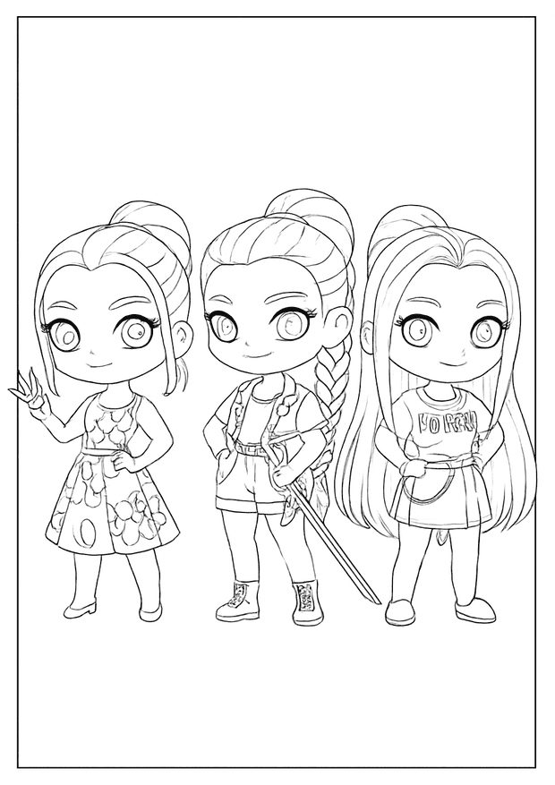 Cute chibi Kpop Demon Hunter coloring page featuring three stylish girls ready for action.
