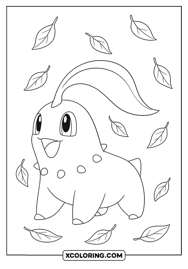 Chikorita Under Falling Leaves coloring sheet