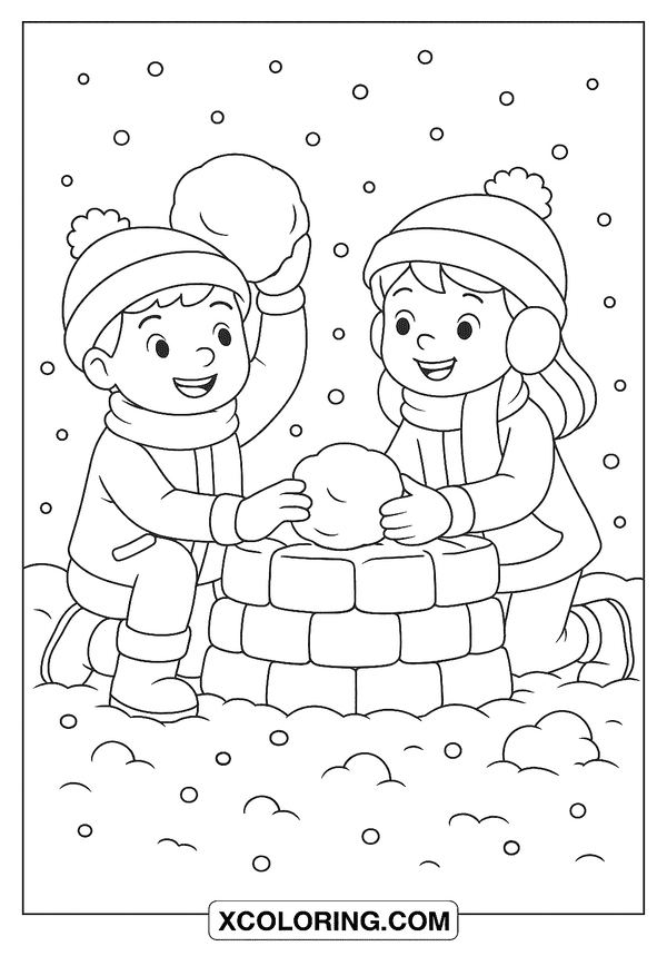 Children Building Snow Fort coloring page