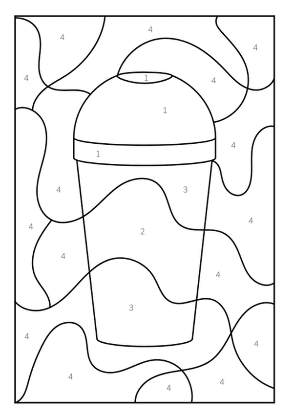 A color by number coloring page of a smoothie or cold drink in a cup with a dome lid.