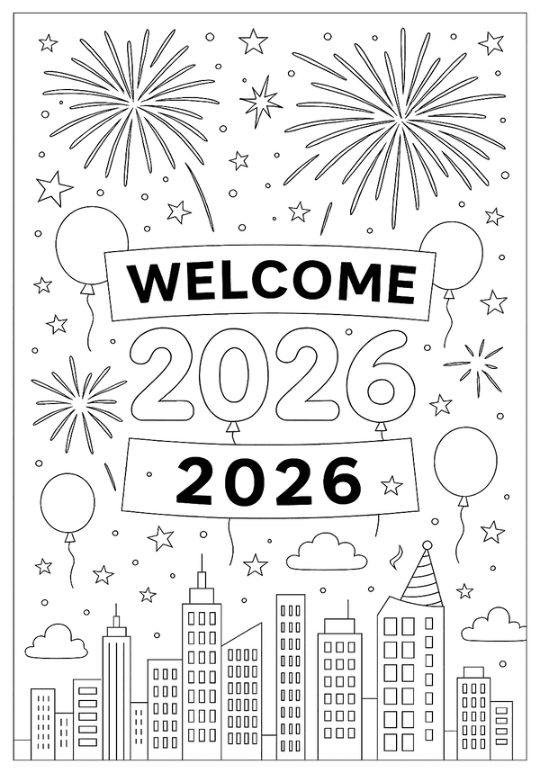 City Fireworks Welcome New Year Art Worksheet Fireworks light up the night sky over a cityscape, with a banner that says "Welcome 2026," creating a festive New Year's scene.