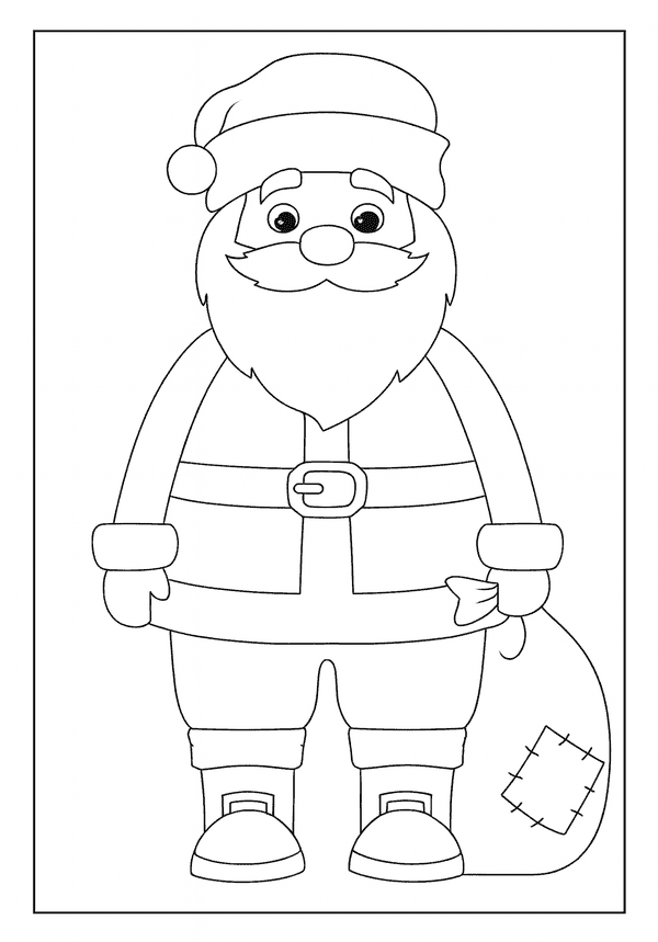 Simple outline of Santa Claus standing in his suit with a belt and holding a patched sack of toys.