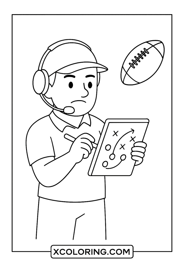 Football coach drawing a game plan, a strategic Football Coloring Page.