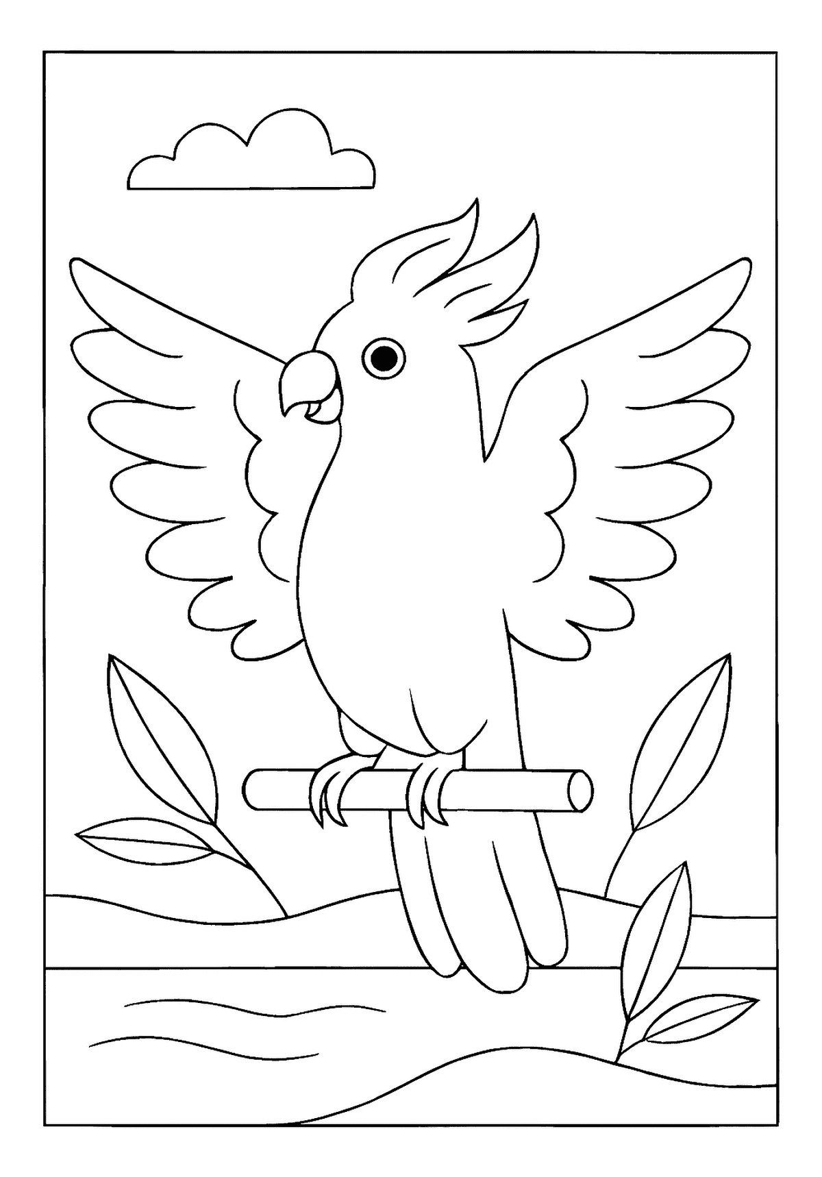 Cockatoo Spreading Its Wings Art Project Happy cockatoo bird coloring page perched on a branch, spreading its feathered wings wide.