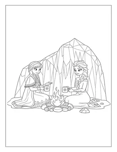 This Elsa Coloring Page Shows Anna And Elsa Relaxing, Drinking Hot Cocoa Together In Front Of A Campfire.