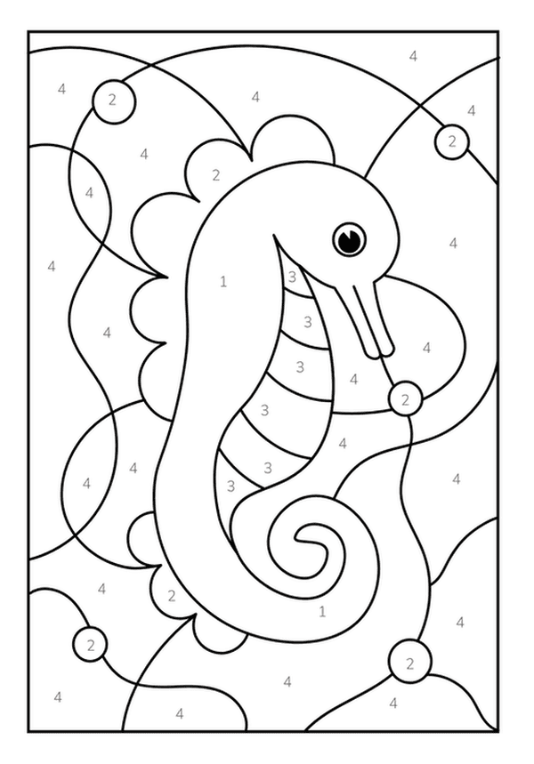 A simple color by number page featuring a friendly seahorse swimming with bubbles.