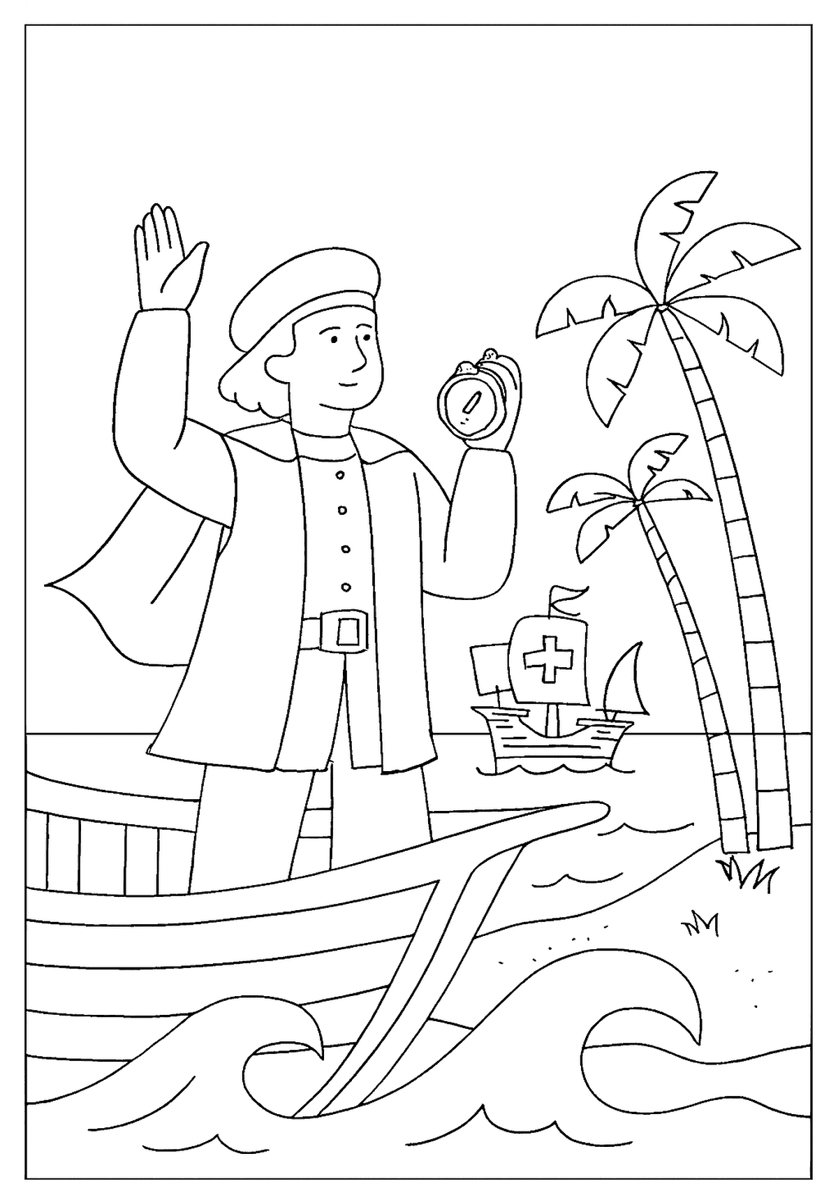 Columbus on his ship waving to a palm tree on new land, a Columbus Day Coloring Page.