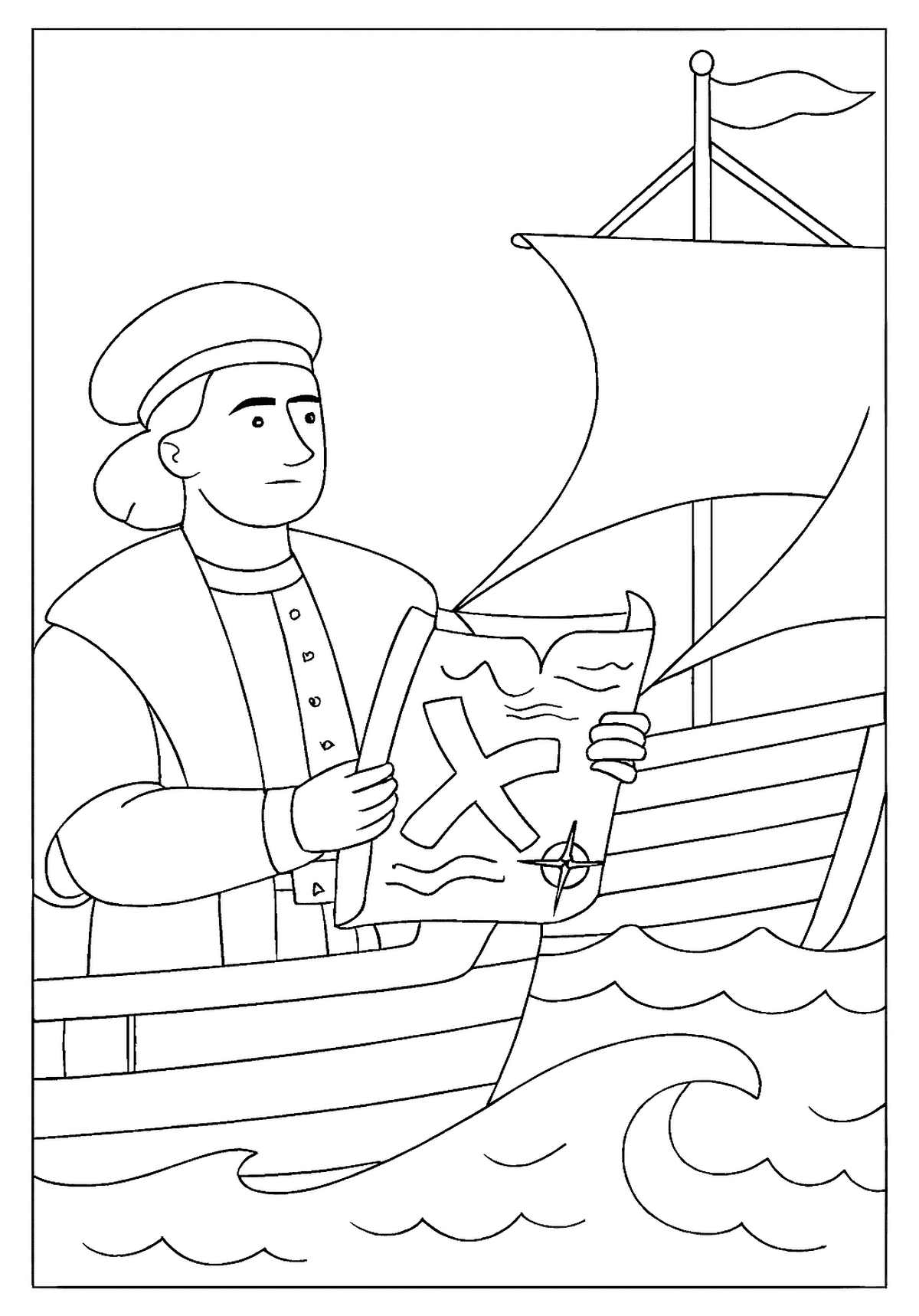 Sailor on a ship carefully holding a nautical map marked with an 'X,' a treasure hunt theme.