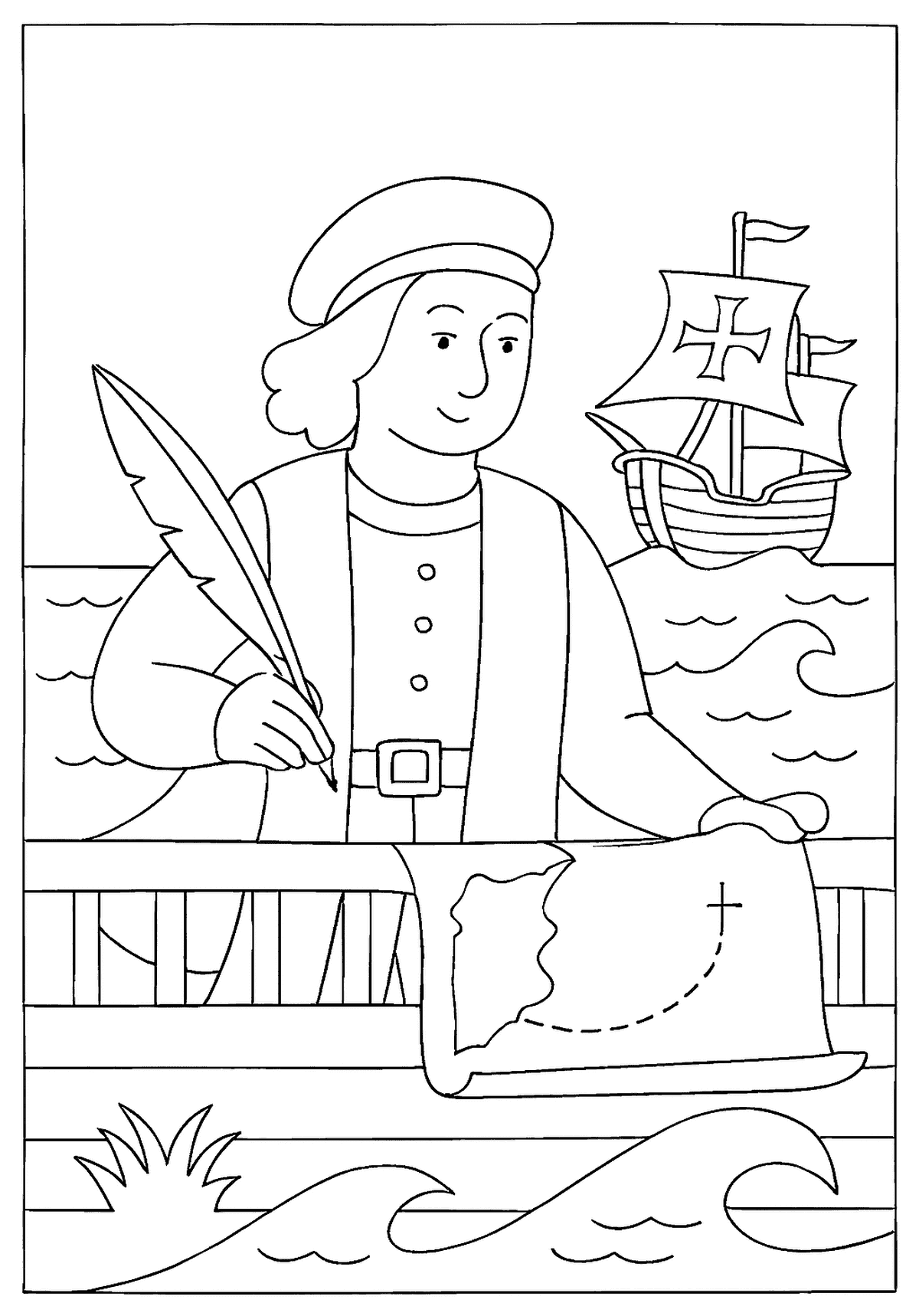 Smiling explorer writing on a map with a feather pen, with a ship sailing behind him.