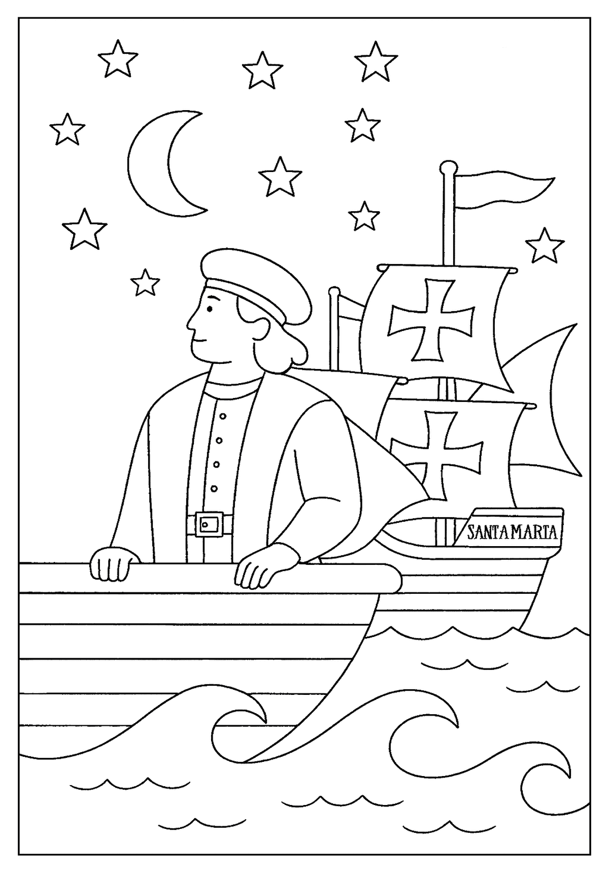 Columbus on the Santa Maria at night, gazing at the moon and stars while sailing.