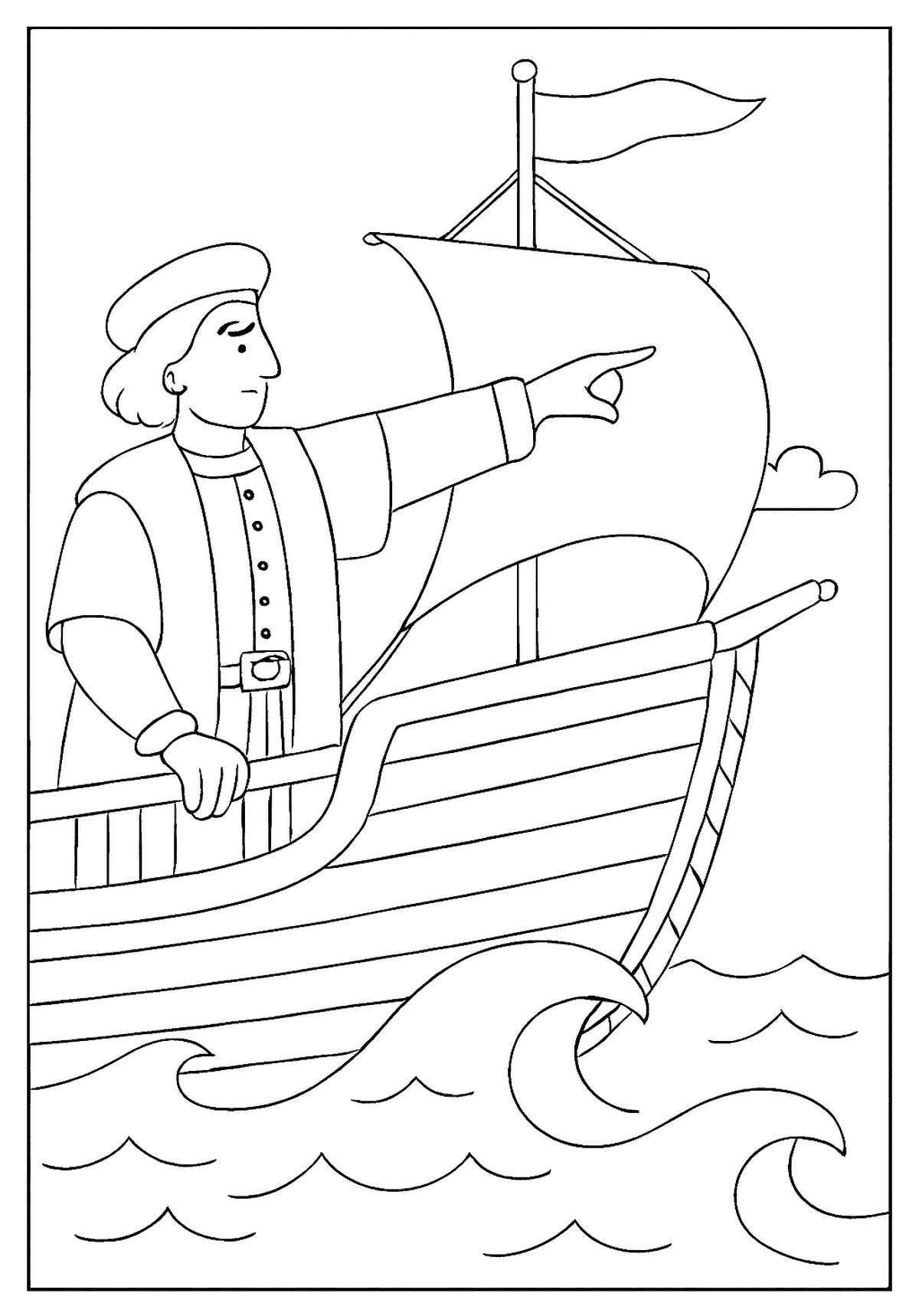 Captain on a ship pointing forward at the horizon, a Columbus Day Coloring Page for kids.