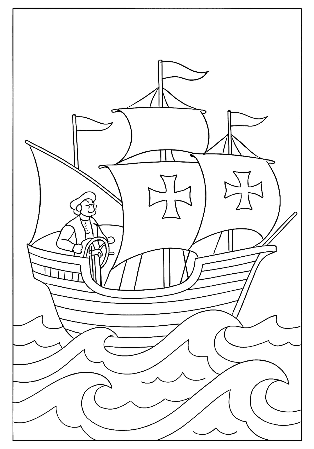 Explorer at the wheel of his caravel, sailing over large waves; a Columbus Day Coloring Page for kids.