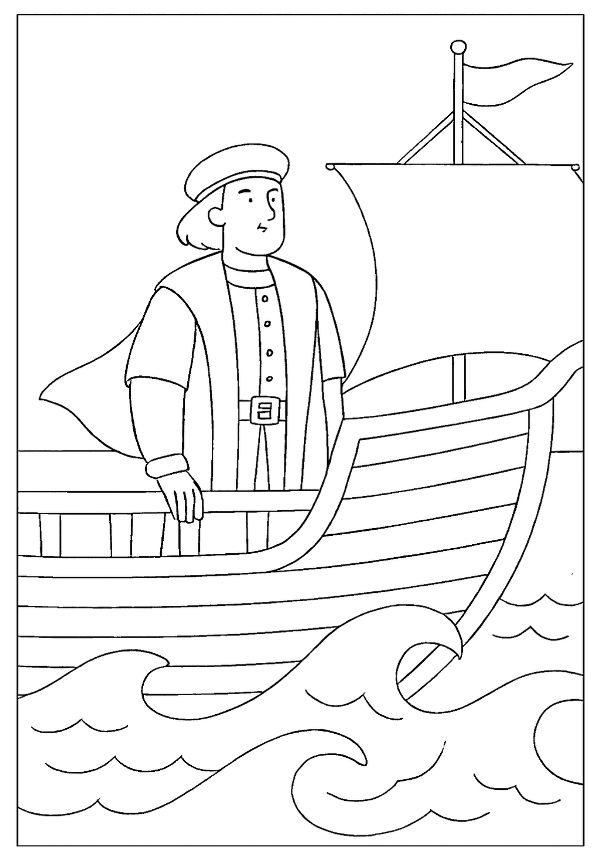 Determined sailor standing on the deck of his ship, sailing over crashing waves.