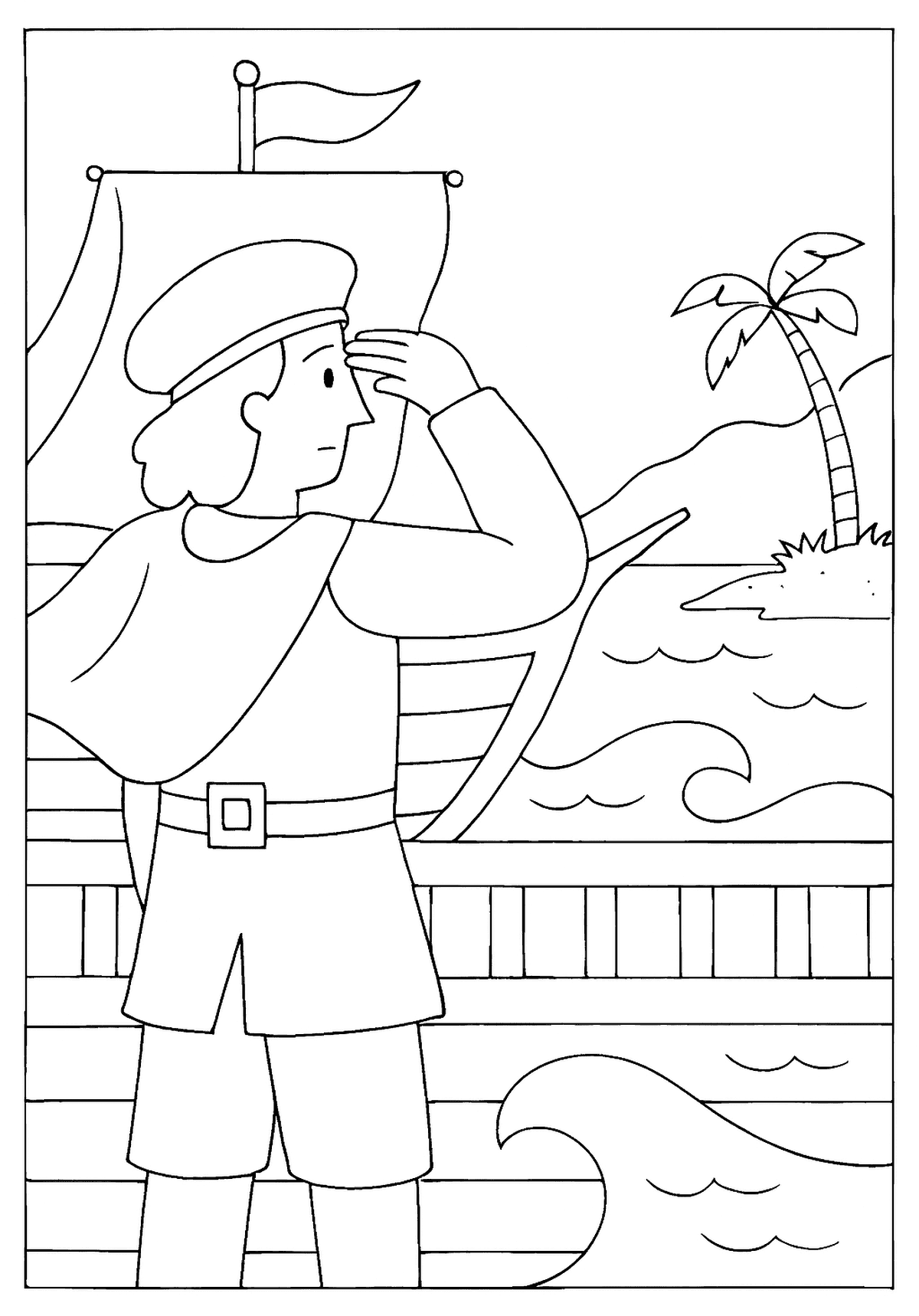 Explorer on a ship's deck, shading his eyes to watch a distant palm tree on a shore.
