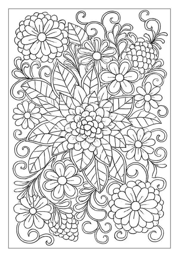 Complex floral bouquet pattern coloring page with swirls.