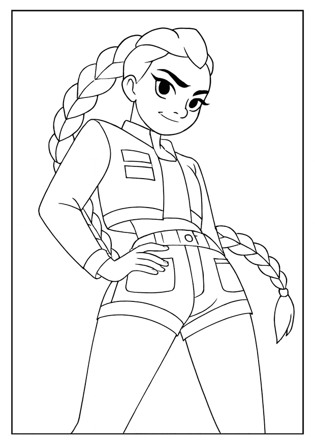 Low angle view of a confident girl in a Kpop Demon Hunter coloring sheet wearing shorts.