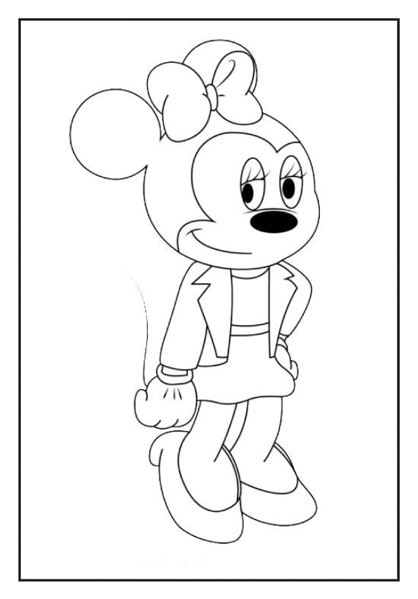 A fashionable Minnie Mouse coloring page wearing a jacket, ready for some creative fun.