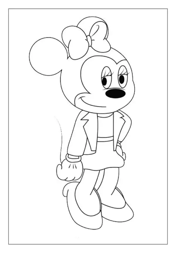 A Fashionable Minnie Mouse Coloring Page. She Is Wearing A Jacket And Posing, Ready For Fun.