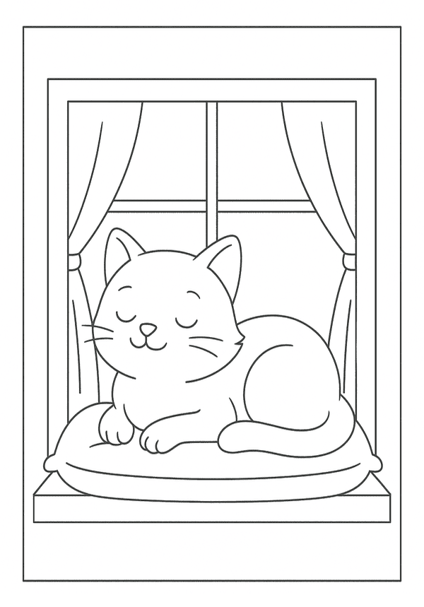 Printable Cozy Cat By Window Coloring Sheet