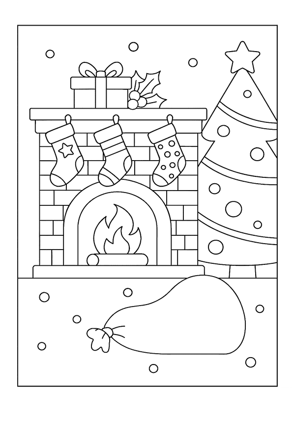 This coloring page shows a festive fireplace with multiple stockings.