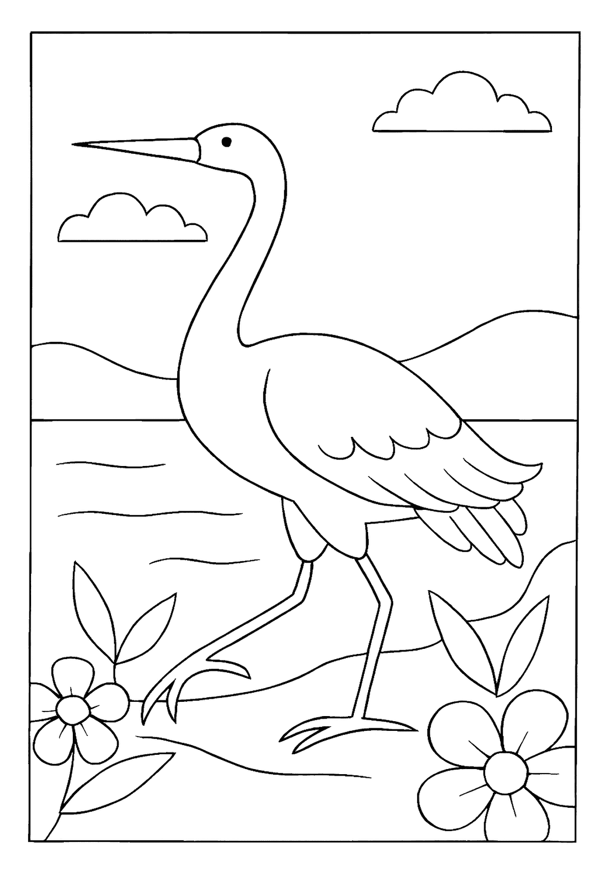 Crane Walking By Lake Creative Sketchbook Graceful crane bird coloring page with a long neck, walking near a lake with flowers.