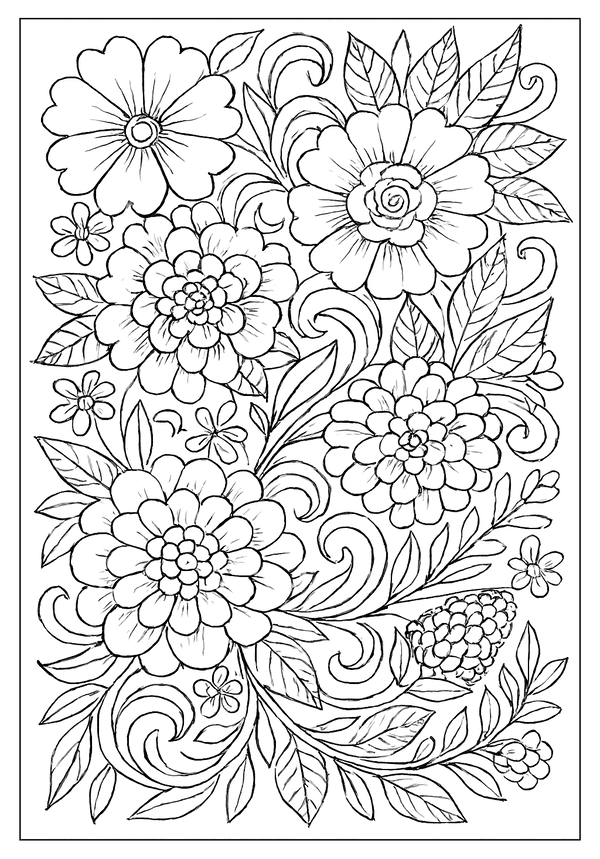 Creative Botanical Coloring Sheet Free Printable An intricate garden scene with swirling floral patterns and leaves, a creative adult coloring page for relaxation.