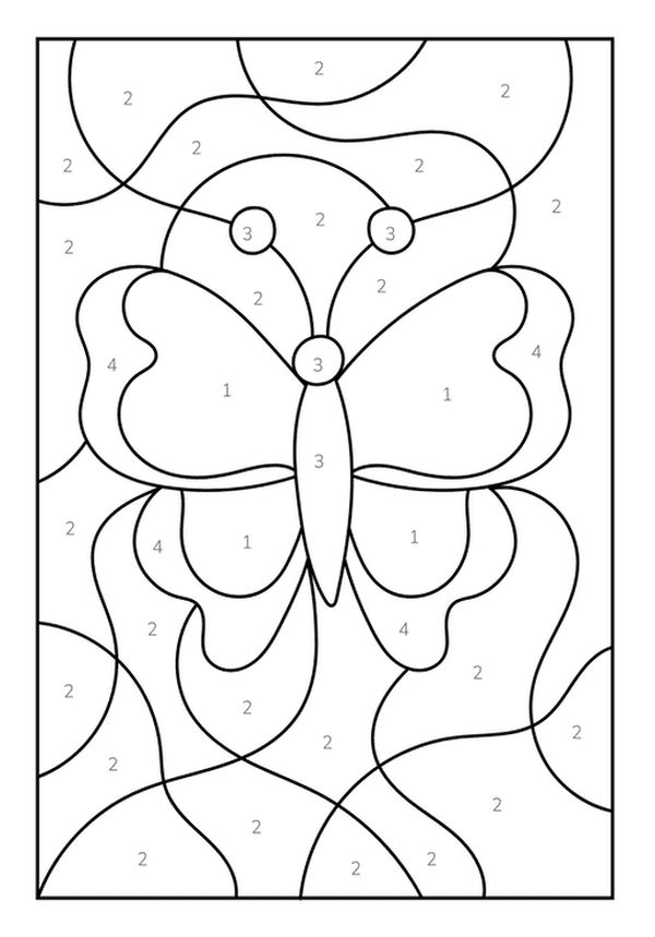 A butterfly color by number coloring page with numbers 1 through 4 in a stained glass design.