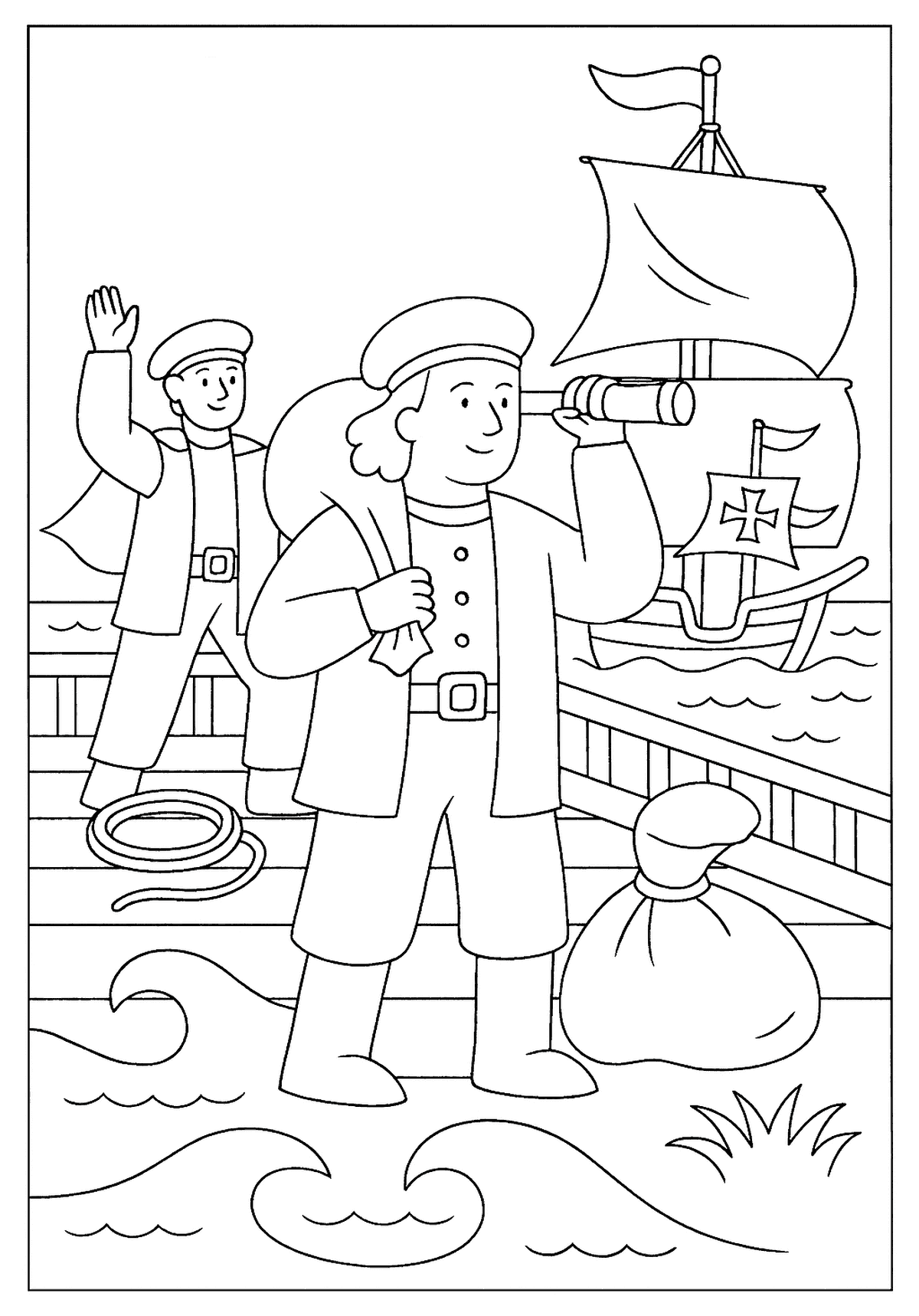 Happy crew members preparing to sail; one waves while the other uses a spyglass near the dock.