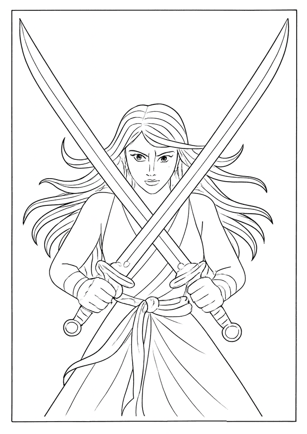 Intense girl crossing two swords in front of her in a Kpop Demon Hunter coloring sheet.