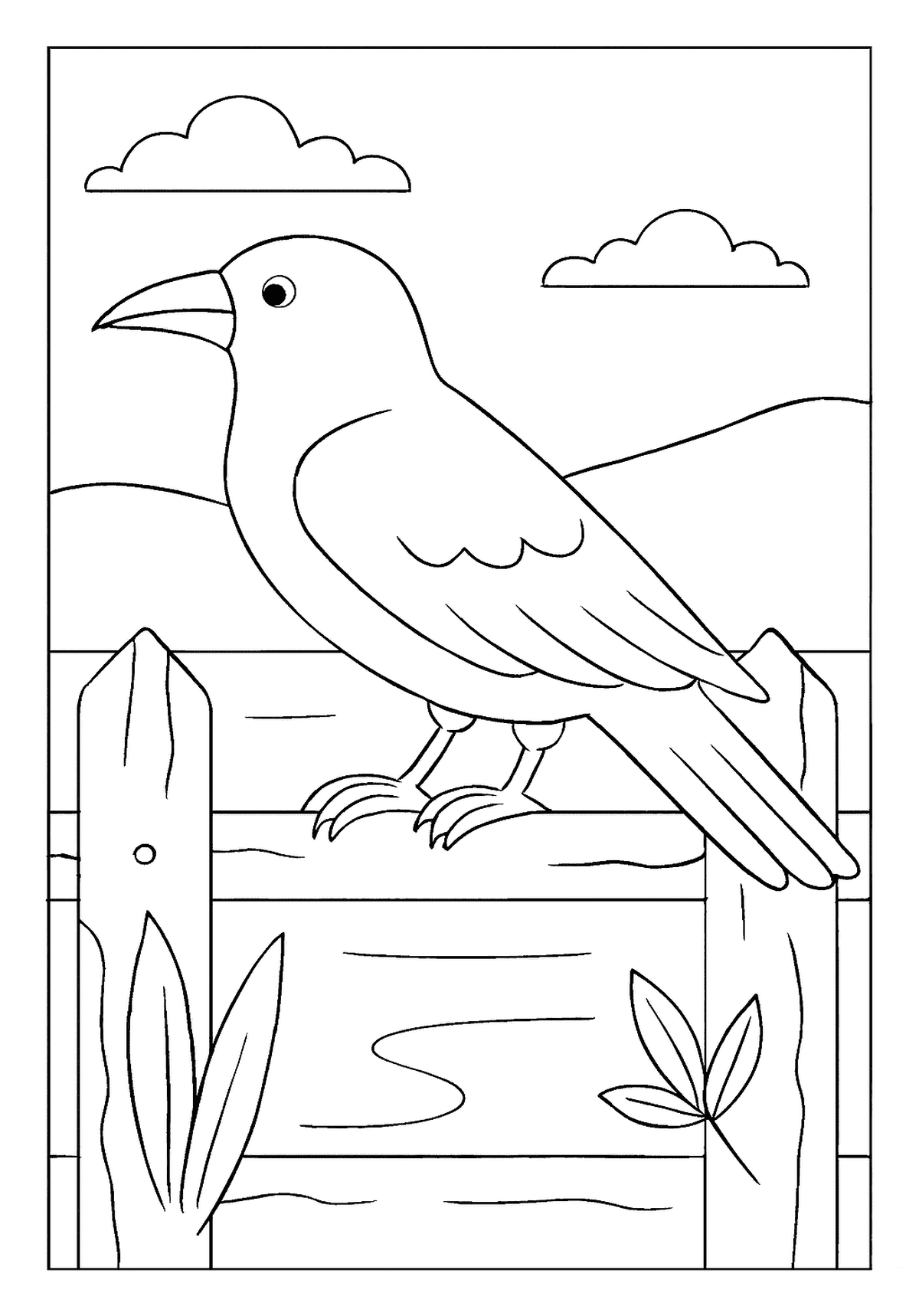 Crow Sitting On Fence Art Template Clever crow bird coloring page perched alertly on an old wooden fence post in a field.