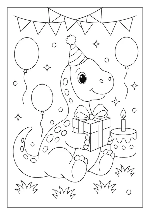 Cute Baby Dinosaur Celebrating A Birthday With A Party Hat And Cake, A Festive Dinosaur Page.