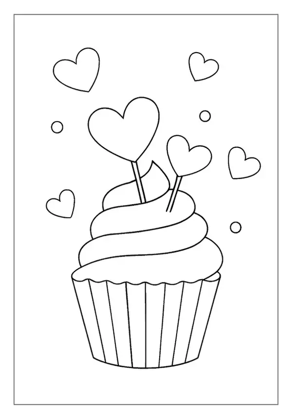 Delicious cupcake with heart toppers, a sweet Heart Coloring Page for kids.