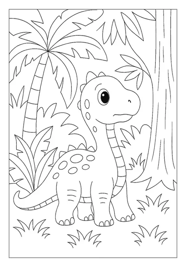 An Adorable Baby Dinosaur Exploring A Lush Rainforest, A Delightful Prehistoric Nature Page.