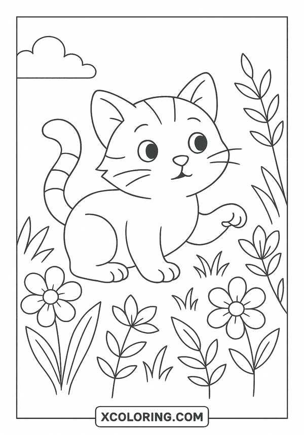 Curious Kitten in Garden coloring sheet