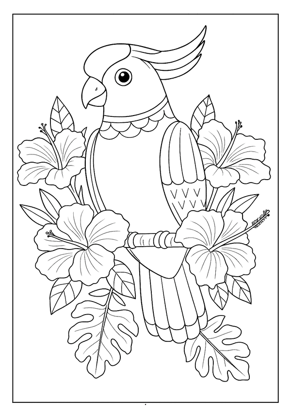 Cute Bird Coloring Sheet Free Printable A cute parrot perched on a branch surrounded by tropical hibiscus flowers, a sweet and simple animal coloring page.