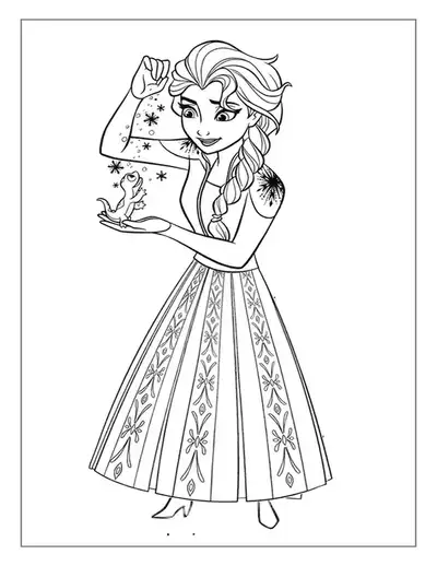 An Enchanting Elsa Coloring Page With The Snow Queen Gently Holding Bruni The Salamander In Her Hand.