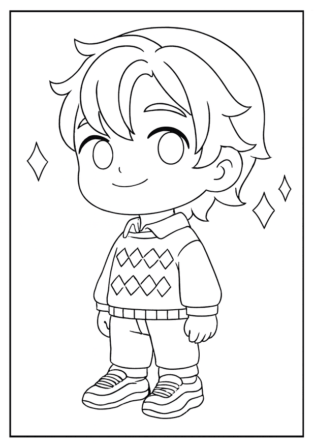 Adorable chibi boy character standing and smiling in a simple Kpop Demon Hunter coloring page.