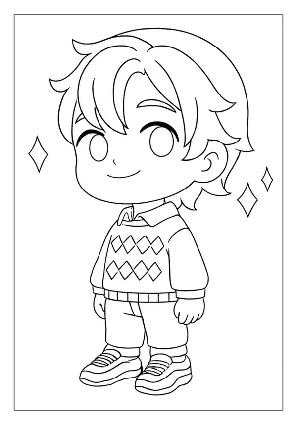 Adorable chibi boy character standing and smiling in a simple Kpop Demon Hunter coloring page.