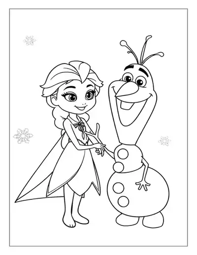 An Adorable Elsa Coloring Page Featuring A Chibi-style Elsa And A Cheerful Olaf Holding Hands Together.