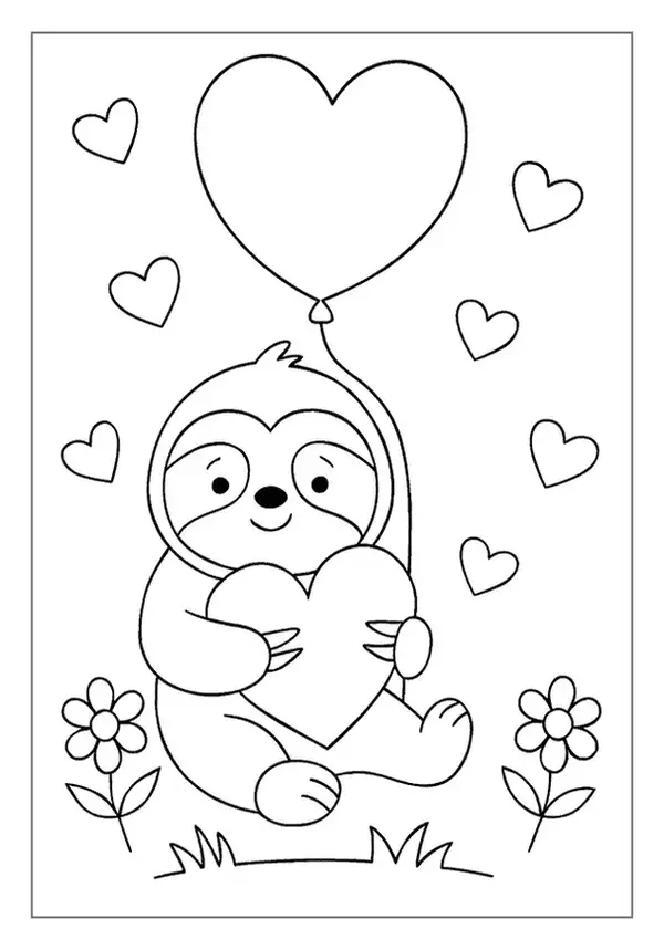 Adorable sloth holding a heart, with a heart balloon; a charming Heart Coloring Page.