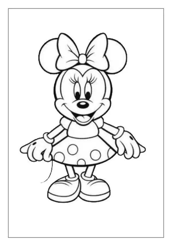A Minnie Mouse Coloring Page. She Is Wearing Her Classic Polka Dot Dress And A Big Matching Bow.
