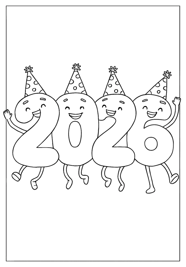 Printable Cute  New Year Party Characters Coloring Sheet