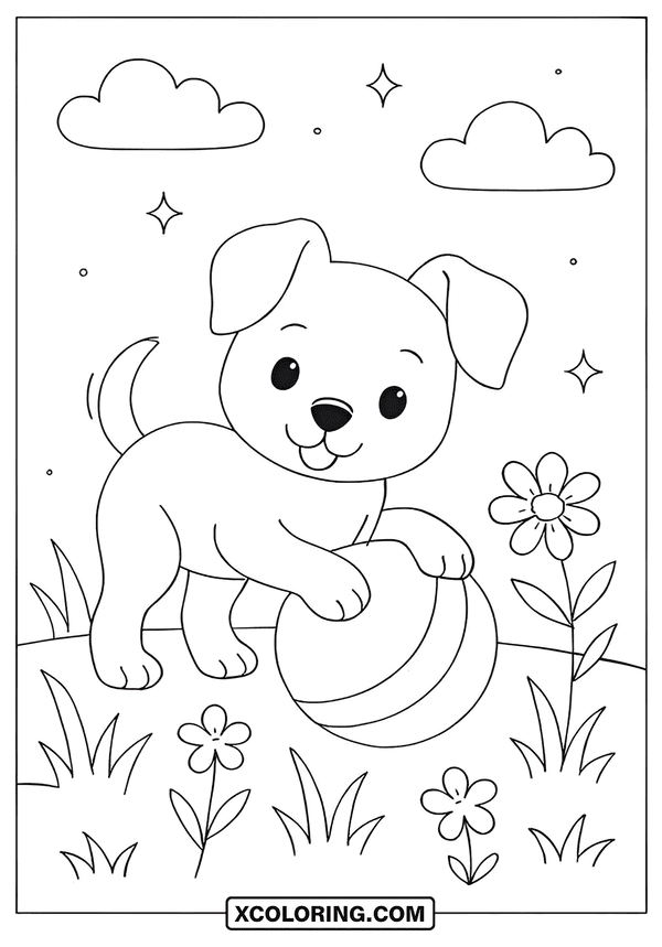 Cute Puppy Playing With A Ball coloring sheet