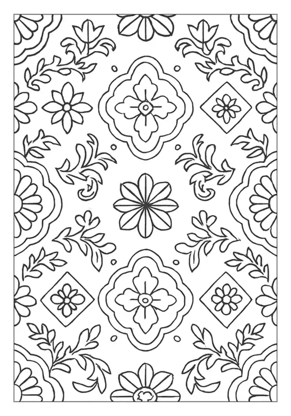 Damask floral tile pattern coloring page with diamonds.