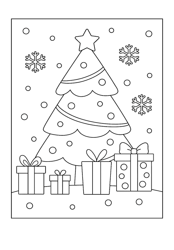 This printable coloring page shows a festive tree with wrapped presents.