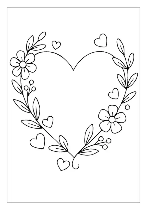 Beautiful Heart Coloring Page of a heart-shaped floral wreath.