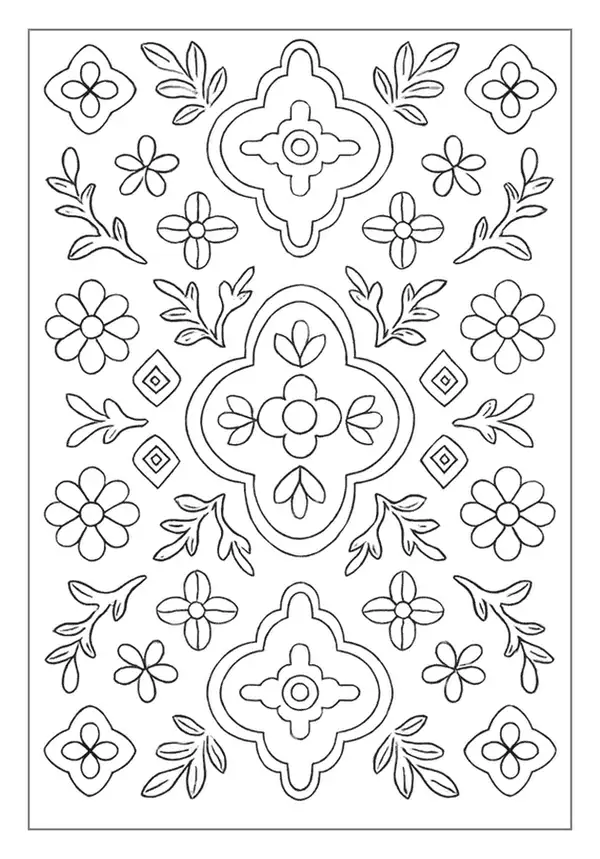 Decorative quatrefoil floral pattern coloring page with tiles.