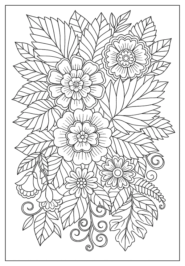 Dense Floral Leaves Design Free Printable A dense and intricate arrangement of flowers and leaves, a detailed and beautiful botanical adult coloring page.