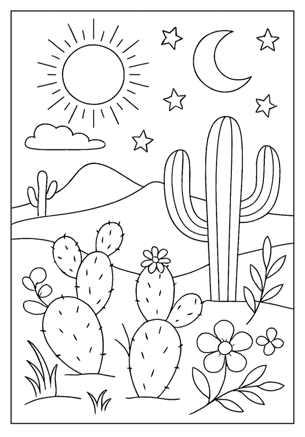 Desert Cactus Boho Style Free Printable A desert landscape with cacti, mountains, and celestial elements, a fun adult coloring page.